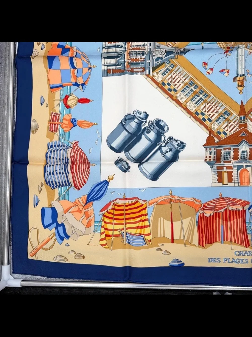 Hermes Blue Red Yellow Beach Cabins Silk Scarf